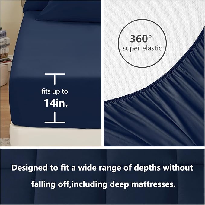 CozyLux Queen Comforter Set Navy Blue, 7 Pieces Bed in a Bag, Blue Comforter Queen Size, All Season Bedding Sets with Stitch Quilted Comforter, Flat Sheet, Fitted Sheet, Pillowcases