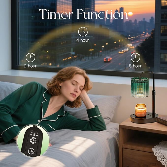 Candle Warmer Lamp with Timer: Emerald Green Candle Warming Lamp with 2 Bulbs Height Adjustable Wax Melt Dimmable Bedroom Decor Christmas Gift for Women