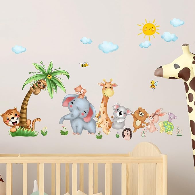 Jungle Animal Wall Stickers Forest Safari Wall Decals Kid Room Nursery Baby Bedroom Décor (Happy Queuing Animals)