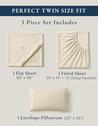 LANE LINEN 100% Organic Cotton Twin Bed Sheet Set, 3 Pc Twin Size Bed Sheets, Soft & Breathable Twin Sheet Set Boys, Hotel Style Bedding Sheets & Pillowcases, 15" Deep Fitted Sheet - Natural