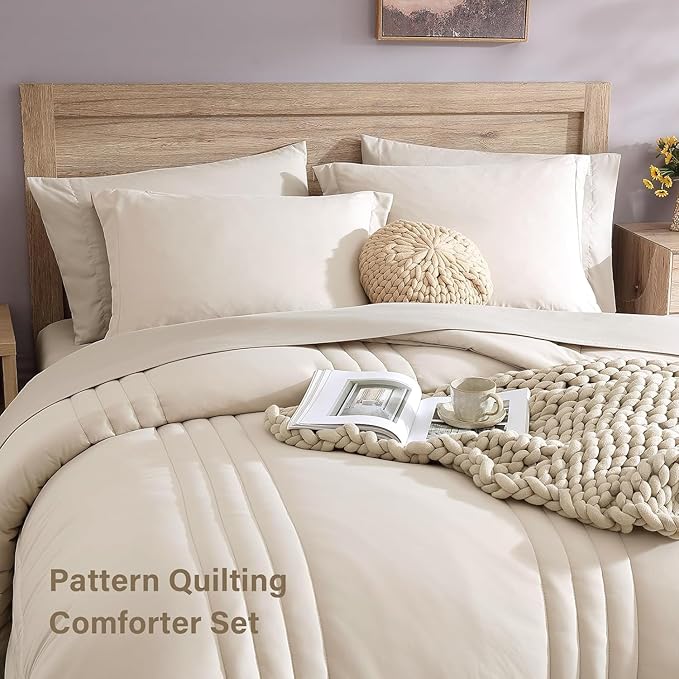 Monbix California King Size Comforter Set - 7 Pieces Bed in a Bag California King, Beige Bedding Sets with Comforter, All Seasons Down Alternative Comforter Bed Set with Sheets, Pillowcases & Shams