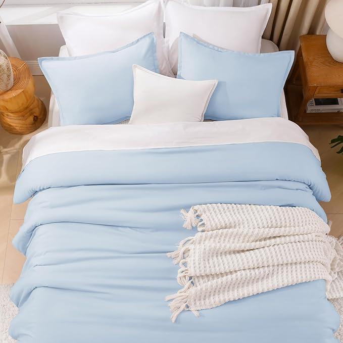 Litanika Comforters Light Blue Full Size, 3 Pieces Lightweight Solid Bedding Comforter Set, All Season Fluffy Bed Set (79x90In Comforter & 2 Pillowcases)
