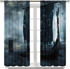 Viking Ship Curtains, Night Scene with Black Vikings Dragon Ship Sailing, Vintage Ancient Scandinavian Nautical Print Blackout Window Drapes for Boys Bedroom Living Room 55x63in