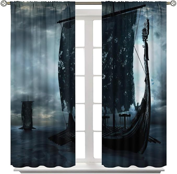 Viking Ship Curtains, Night Scene with Black Vikings Dragon Ship Sailing, Vintage Ancient Scandinavian Nautical Print Blackout Window Drapes for Boys Bedroom Living Room 55x63in