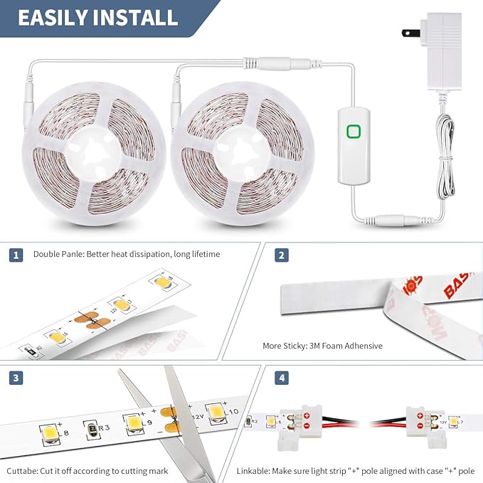 Led Strip Lights 50.5ft Warm White Dimmable Led Light Strip Flexible Rope Lights Kits with 24v Etl Power Supply, Adhesive Clips, Dimmer Switch and Connectors for Indoor Decor