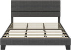 SHA CERLIN King Platform Bed Frame with Upholstered Fabric Headboard, Mattress Foundation with Strong Wooden Slats Support, No Box Spring Needed, Grey