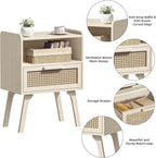 Lerliuo Rattan Nightstand, Side Table with Drawer Open Shelf, Cane Accent Bedside End Table with Solid Wood Legs, Mid Century Modern Night Stand for Bedroom, Dorm and Small Spaces (Grey White)