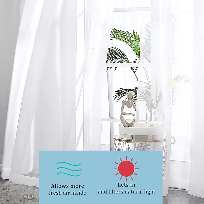 OWENIE White Sheer Curtains, 45 inches Long, 2 Panels, Rod Pocket, Light Filtering, Cafe Curtains for Kitchen, Bedroom, Small Window, 42W x 45L, 100% Polyester