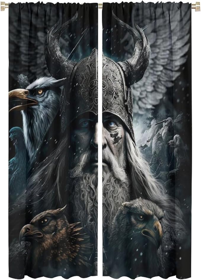 Fantasy Norse Viking Curtains,Cool Gothic Vintage Vikings Mystical Symbol Eagle Window Drapes Thermal Insulated Rod Pocket Blackout Drapes for Bedroom 2 Panels 63L x 21W
