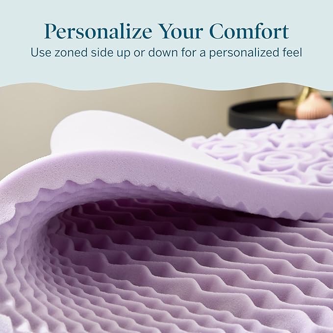 LUCID Lavender Infused 2 Inch Memory Foam Mattress Topper with 5 Zones – California King Size – Plush Feel – CertiPUR Certified – Dorm Room Essentials