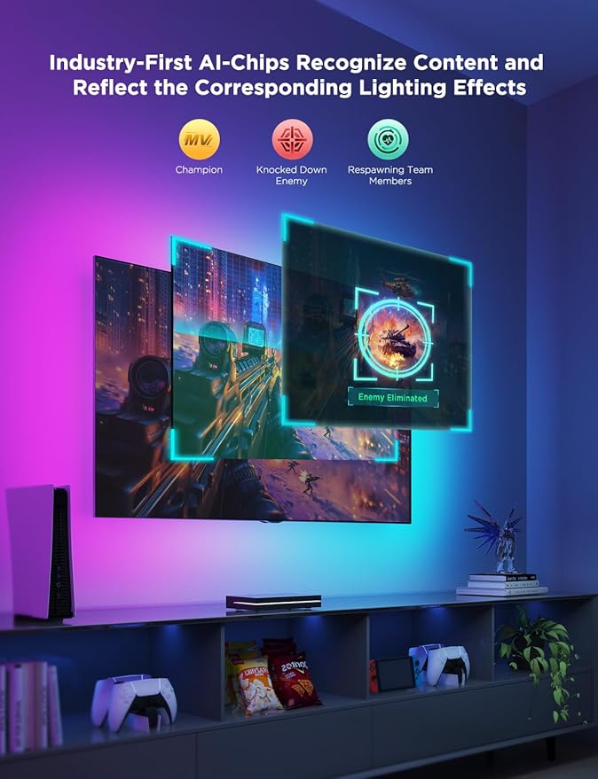 Govee HDMI 2.1 Sync Box 2, AI Sync Box with TV Backlight, Supports 8K@60Hz, 4K@144Hz, VRR and ALLM, Works with Matter and Alexa, RGBIC LED Light Strip for 75-85 inch TVs, 75 LEDs/m