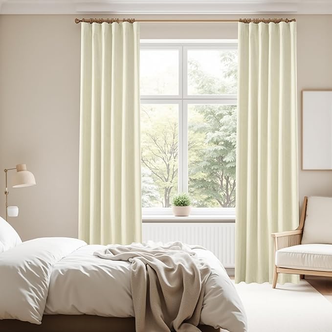 Cream Blackout Curtains 96 Inches Long for Living Room, Thermal Double Sided Linen Pleated Viral Drapes with Hooks 2 Panel Sets, Energy Efficient Curtains Buttermilk for Nursery,52x96 Inch 8 FT Tall