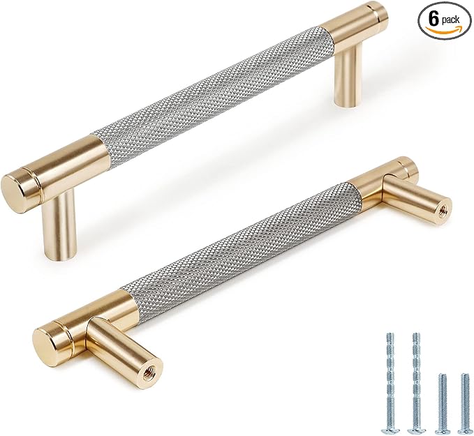 Knurled Cabinet Pulls 6 Pack, 6 Inch Long Cabinet Handles Metal Door Pulls, Kitchen Drawer Pull Knurled Dresser Handles - 5" Hole to Hole, Grey & Gold