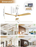 Sofucor 52 Inch Smart Ceiling Fans with Lights and Alexa/Google Assistant/APP/Remote Control-Modern Solid Wood Outdoor 3 Blades Ceiling Fan for Bedroom Living Room Indoor Farmhouse Patio, Natural Wood