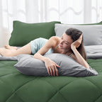 HEVUMYI Queen Comforter Set - 7-Piece All Season Bed in a Bag Queen, Ultra Soft Bedding Set with Comforter, Flat Sheet, Fitted Sheet, Pillowcases, Pillow Shams, Green & Light Grey