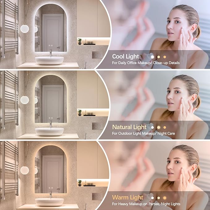 Niccy Arched LED Bathroom Mirror, 36x24 Inch Arch Frameless Backlit Mirrors for Wall Arched Lighted Vanity Mirrors Defogger and 3 Color, Explosion-Proof, HD Glass and IP65 Waterproof