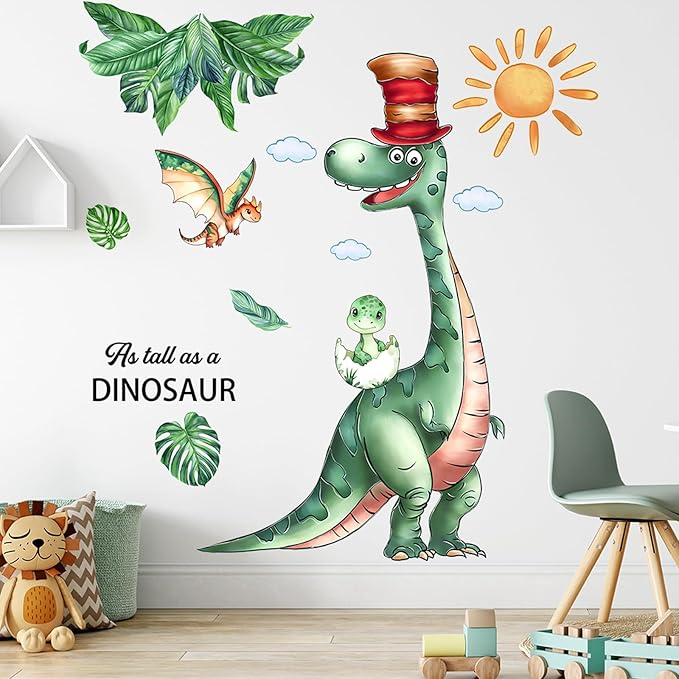 Summer Dinosaurs Wall Stickers Decals Kid Room Nursery Baby Bedroom Décor (Dinosaur with Hat)