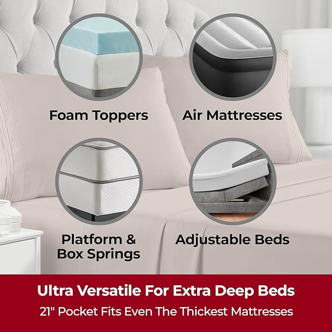Mellanni Extra Deep Split King Sheets - 5 PC Iconic Collection Bedding - Hotel Luxury, Ultra Soft, Cooling Bed Sheets - Wrinkle, Fade, Stain Resistant (Split King, Tan)