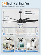 YUHAO 62 Inch Black Ceiling Fan with Light and Remote Control.Noiseless,Dimmable,3CCT,6 Speeds Reversible, DC Ceiling Fans for Indoor or Covered Outdoor