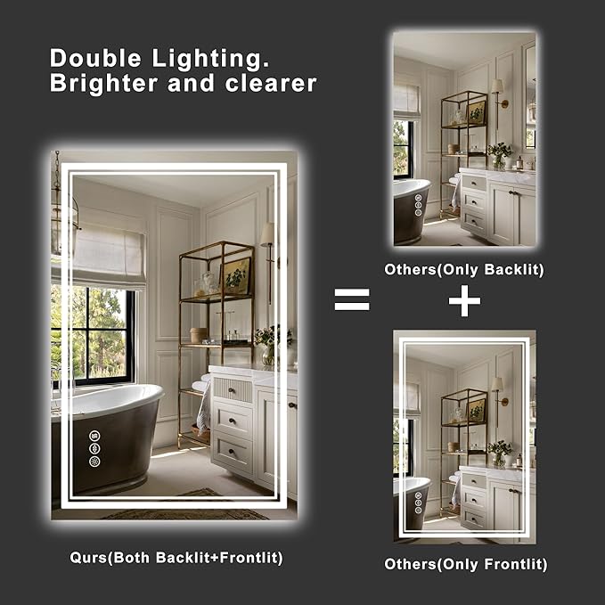 40‘’x30'' Lighted Mirrors for Bathroom Wall Backlit + Front Lit, Rectangular LED Bathroom Mirror Frameless with Lights Anti Fog, Dimmable, 3 Colors,Tempered Glass, Shatter-Proof
