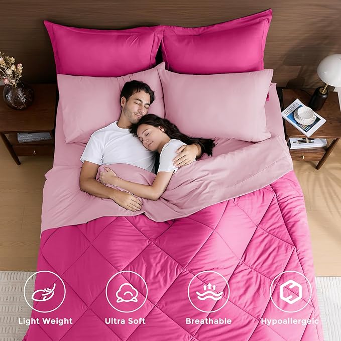 HEVUMYI Hot Pink & Baby Pink Cali-King Comforter Set - 7-Piece All Season Bed in a Bag Cali-King, Ultra Soft Bedding Set with Comforter, Flat Sheet, Fitted Sheet, Pillowcases, Pillow Shams