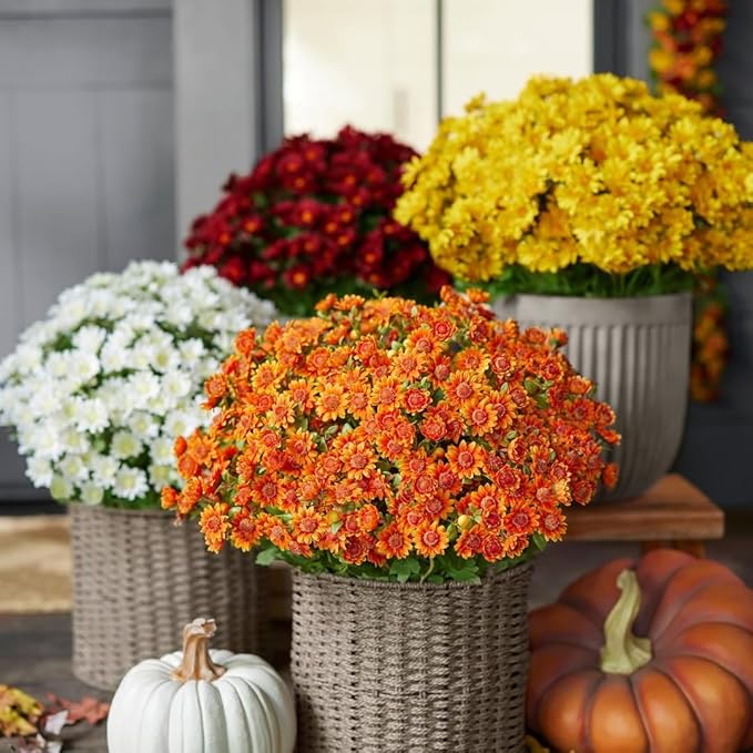 Artificial Mums for Outdoors, Faux Sunset Mum Flowers Planters for Indoor Outside Decor, Fake Look Real, Vibrant, UV Resistant, Waterproof, Windproof (White, 10 Bundle)