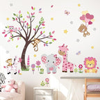 decalmile Pink Animal Tree Wall Decals Forest Lion Elephant Monkey Wall Stickers Girls Bedroom Baby Nursery Wall Decor