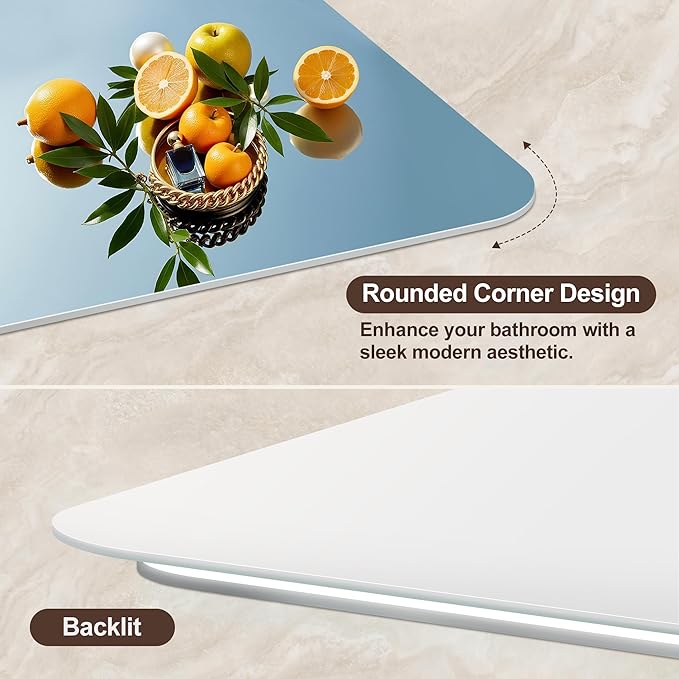48''x30'' Lighted Mirrors for Bathroom Wall Backlit Rectangular Rounded Corners, LED Bathroom Mirror Frameless with Lights Anti Fog, Dimmable, 3 Colors,Tempered Glass, Shatter-Proof