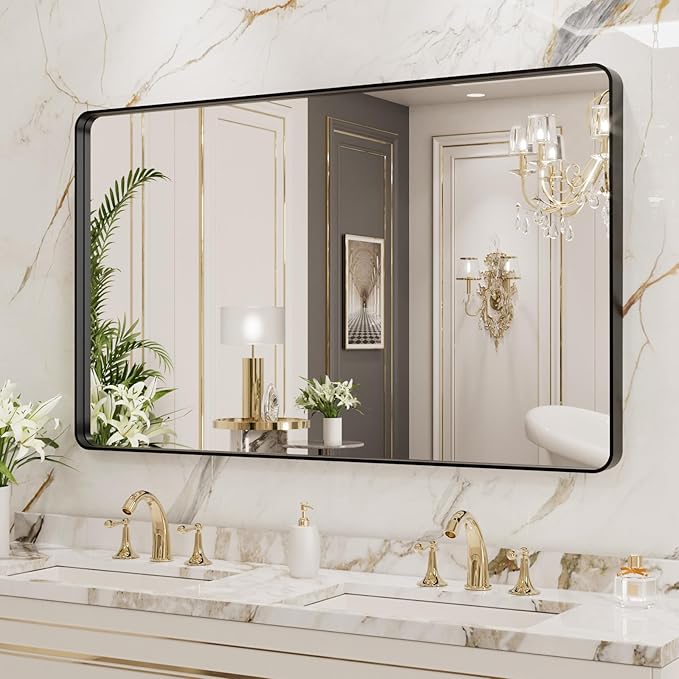 LOAAO 40X36 Inch Black Metal Framed Bathroom Mirror for Wall, Matte Black Bathroom Vanity Mirror Farmhouse, Anti-Rust, Tempered Glass, Hangs Horizontally or Vertically