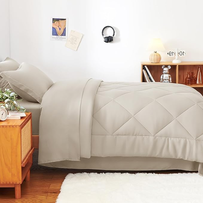 CozyLux Twin Comforter Set with Sheets Beige - 5 Pieces Bed in a Bag Twin, All Season Bed Set for Girls and Boys, Bedding Set with Down Alternative Comforter, Sheets, Pillowcase & Sham