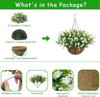 Artificial Hanging Flowers Basket, 12 UV-Resistant Bundles of Realistic Fake Flowers, Faux Plants for Outdoor Decor, Home, Garden, Porch, Patio, Spring & Summer Decorations, White