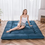 MAXYOYO Japanese Floor Mattress Futon Mattress, Thicken Sleeping Pad Foldable Roll Up Floor Futon for Adults Tatami Mat Dormitory Bed Lounger, Bluestone, Queen Size