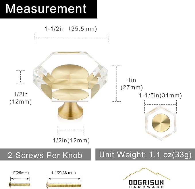 QOGRISUN 5-Pack Brass Crystal Cabinet Knobs,Glass Crystal Gold Drawer Knobs,1-1/2-Inch Hexagon,Decorative Dresser Pulls, Modern Cabinet Hardware