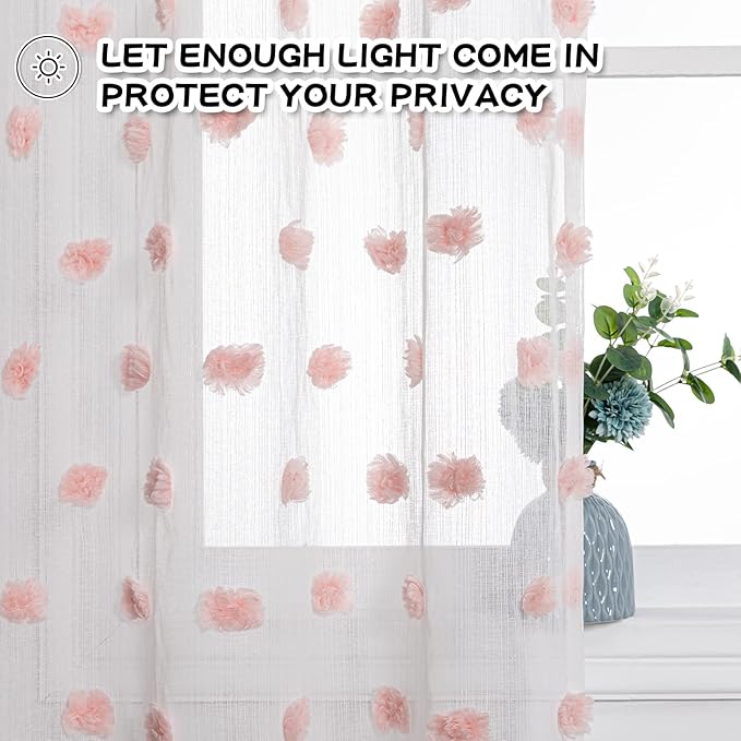MYSKY HOME Small Window Curtains for Bathroom Kitchen 45 Inches Long Pink Pom Pom White Sheer Curtains Nursery Bedroom Girls Kids Room Rod Pocket 2 Panels Boho Cafe Window Drapes Blush 52" x 45"