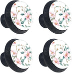 4 Pack 1.37" Dresser Drawer Knobs, Round Crystal Glass Cabinet Pulls with Screws for Kitchen, Bathroom, Nursery Nursery Kids Room (Pink Flowers with Green Leaves Branches)