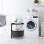 danpinera Round Side Table with Fabric Storage Basket, Metal Small Bedside Nightstand Removable Tray Top for Living Room, Bedroom, Nursery, Laundry, Ink Black