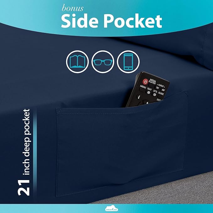 DREAMCARE King Size Sheets Set – 6 pcs Cooling Bed Sheets – up to 21” Deep Pocket King Sheet Set – 2500 Supreme Collection – Extra Soft 100% Brushed Microfiber Hotel Luxury with Side Pocket – N Blue