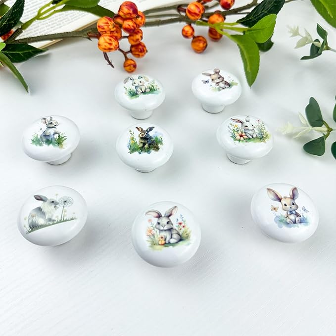 8pack1.5 Rabbit with Flower Ceramics Cabinet Knob Handle Round Animal Nursery Kids Room Furniture Dresser Drawer and Pulls