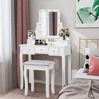 CHARMAID LED Vanity Desk with Lighted Mirror, 10 Dimming Bulbs, 5 Drawers, 3 Storage Organizers, Makeup Vanity Desk with Stool, Bedroom Dressing Table, Gift for Girls Women (White)