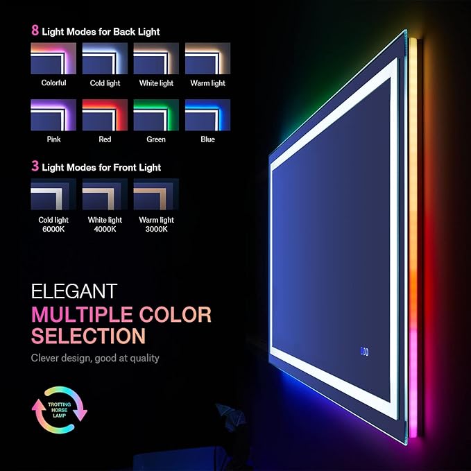 LOAAO 50"X30" LED Bathroom Mirror with Lights, Anti-Fog, Dimmable, RGB Backlit + Front Lighted, Bathroom Vanity Mirror for Wall, Memory Function