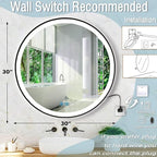 30 Inch Black Framed Round LED Mirror for Bathroom Wall Mounted 30" Black Round Lighted Vanity Mirror with Lights Black Frame Antifog Smart Momery Dimmable 3 Color Frontlights