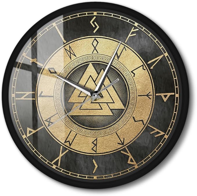 12 Inch Scandinavian Viking Design Valknut Wall Clock, Vintage Futhark Viking Runes Warrior Norse Print Wall Clock Accurate Silent Non Ticking Battery Operated for Man Cave Bedroom Farmhouse