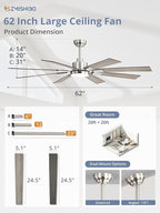 ZMISHIBO 62 inch Brushed Nickel Modern Ceiling Fan with Light and Remote, Indoor/Outdoor Industrial Ceiling Fan for Living Room Patio, 6 Speed Reversible Quiet DC Motor, 3 CCT, Dual Finish 8 Blades