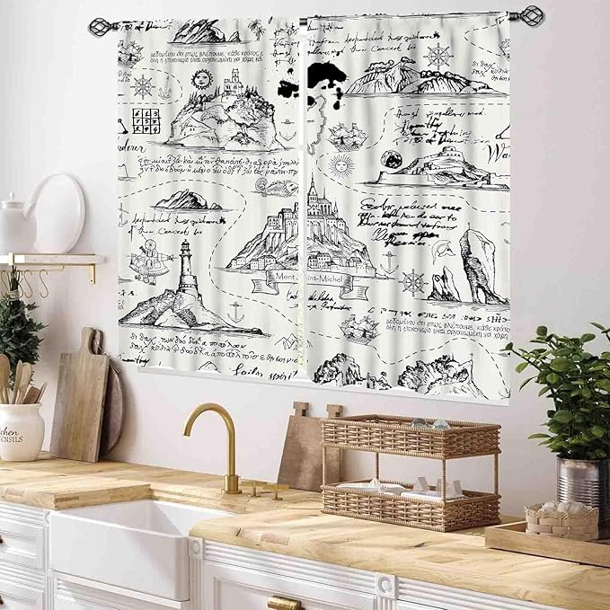 Vintage Nautical Curtains, Marine Coastal Sailboat Compass Anchor Ocean Beach Old Pirate Map Retro Window Drapery Treatments for Bedroom Living Room Kitchen Bathroom 2 Panels, 55x39 Inch