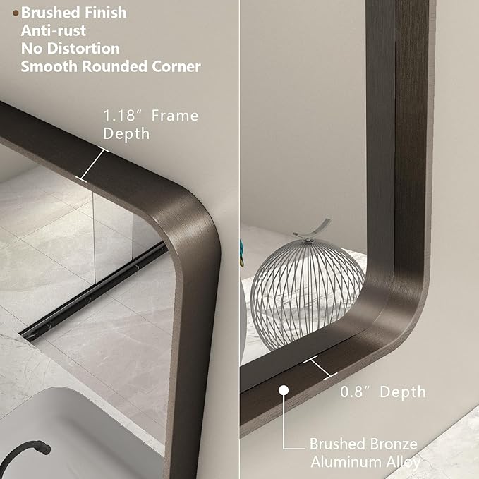 60x40 Bronze Bathroom Mirror, Brushed Bronze Metal Frame Mirrors for Wall, Rounded Rectangle Bronze Mirror for Vanity,Bedroom, Shatterproof, Anti-Rust (Horizontal/Vertical)
