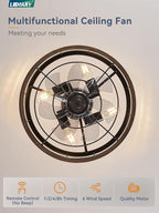 LEDIARY 16.5in Caged Ceiling Fan with Light, Fandelier Industrial Ceiling Fan with Remote, Rustic Metal Fan Lights Ceiling Fixtures for Kitchen, Farmhouse, Bedroom（6 Speed,1/2/4/8h Timing）-Brown