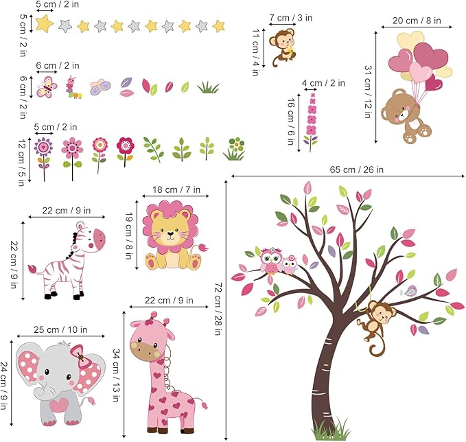 decalmile Pink Animal Tree Wall Decals Forest Lion Elephant Monkey Wall Stickers Girls Bedroom Baby Nursery Wall Decor