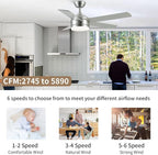 YUHAO 52 Inch Brushed Nickel Ceiling Fan with Light and Remote Control.Noiseless,Dimmable,3CCT,6 Speeds Reversible, DC Ceiling Fans for Indoor or Covered Outdoor
