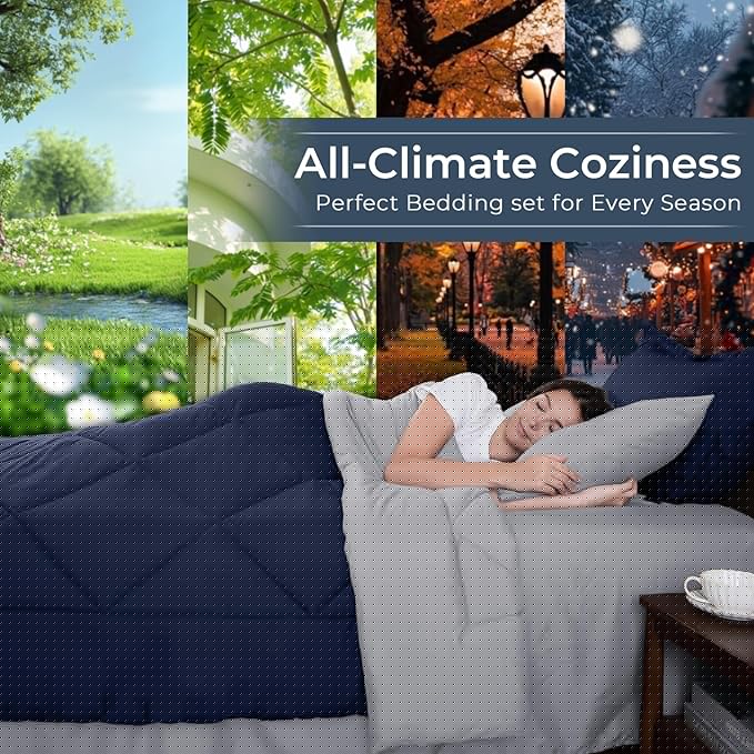 HEVUMYI Queen Comforter Set - 7-Piece All Season Bed in a Bag Queen, Ultra Soft Bedding Set with Comforter, Flat Sheet, Fitted Sheet, Pillowcases, Pillow Shams, Navy Blue & Light Grey