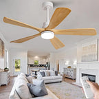52 Inch Outdoor Ceiling Fans with Lights and Remote Control, Dimmable 5 Blade Wood Outdoor Ceiling Fans for Patios, White Natural Wood Bedroom Ceiling Fan with Lights, Noiseless DC Motor